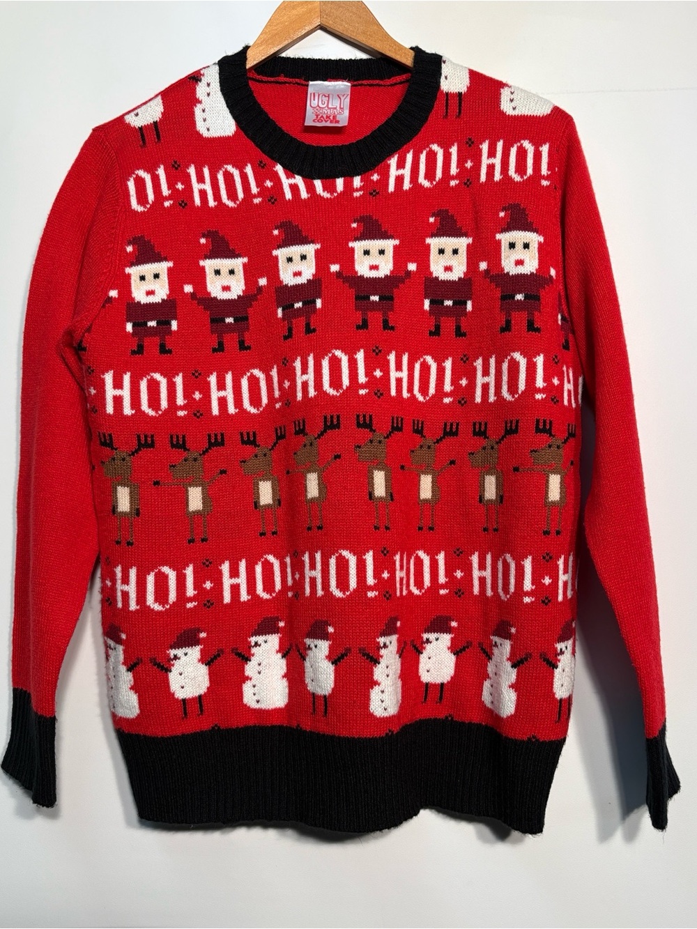 Ugly Christmas Sweater Red Crewneck with Black Trim and Holiday Motifs